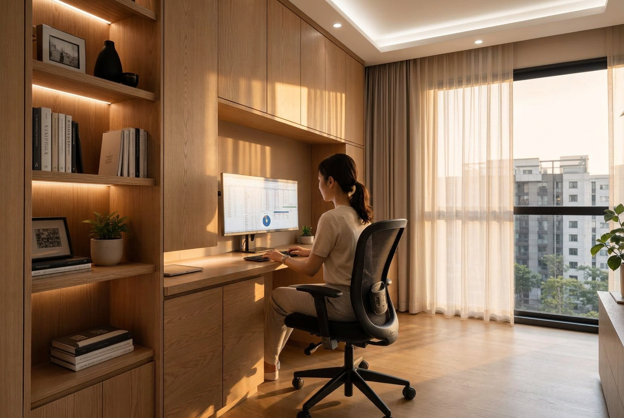The same study room in softened late-afternoon light